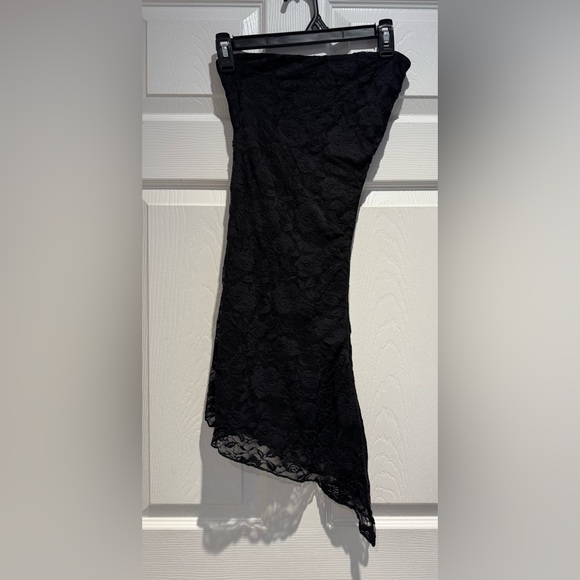 princess polly asymmetrical black dress strapless cinched side lace overlay xs - Picture 1 of 9